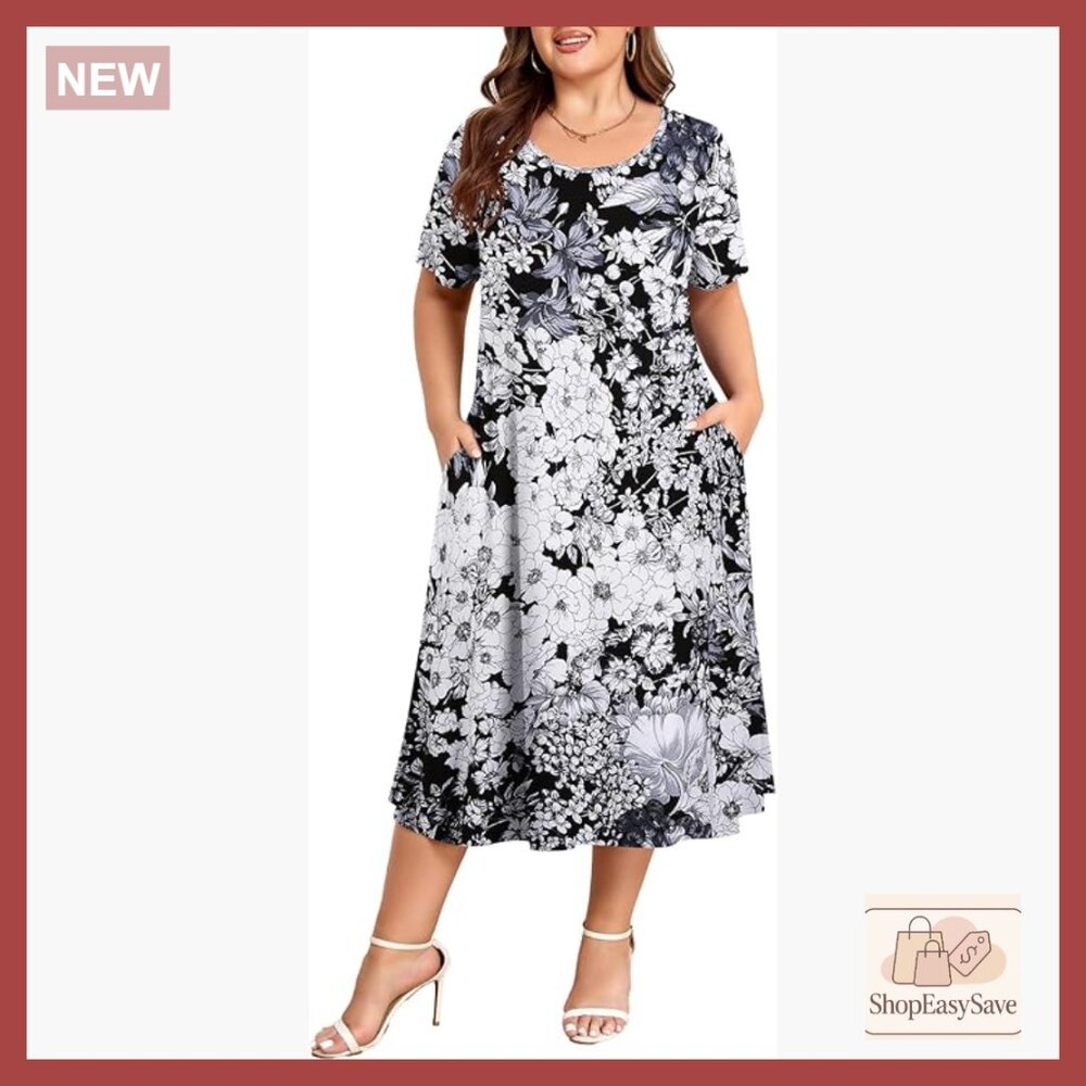 Plus Size Midi T-Shirt Dress Casual Loose Fit Summer Boho Pockets